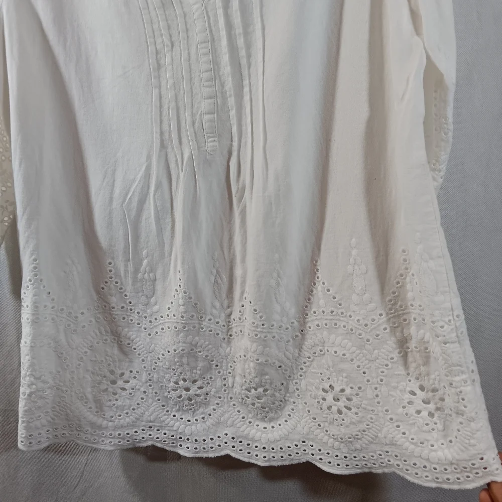 Marina Luna Womens Large Top White Linen Blend Tunic Eyelet Trim Beach Blouse